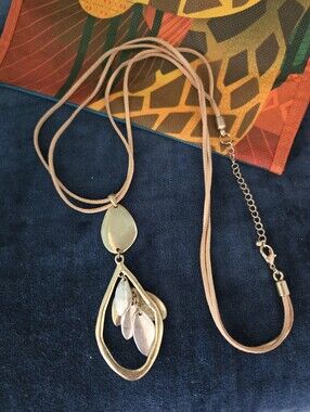 4/$15 Vintage Boho Gold Leaf Pendant Necklace Long Leather Cord